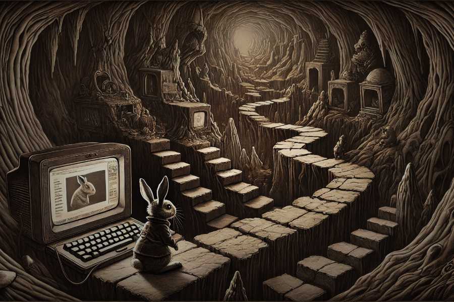 ChatGPT DALL-e image of a rabbit in a cave, sepia tone, facing a maze with a computer that needs some care and attention.